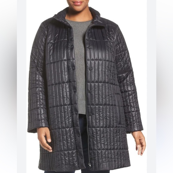 Eileen Fisher Black Recycled Nylon Blend Quilted Stand Collar Jacket Coat M - Picture 2 of 8